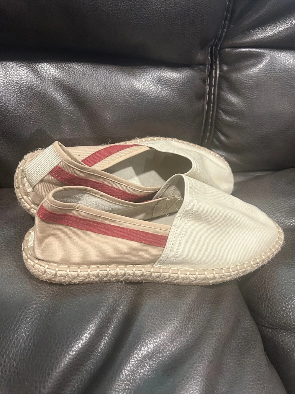 Zara Cream Canvas Slip-On Espadrilles with Red Heel Stripe